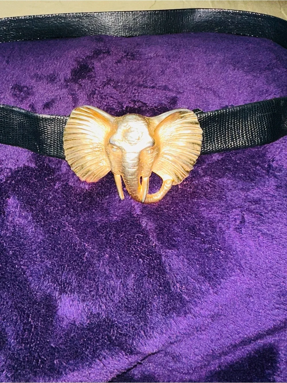 Vintage 90's Doreen Ryan Gold Tone Elephant Belt Buckle Hook & Brown Belt SIGNED